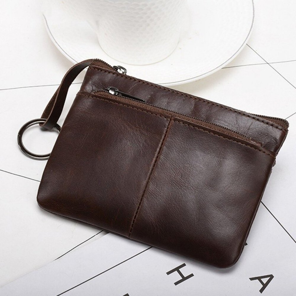 Dark Brown Genuine Leather Coin Wallet Pouch Zipper 3 Color Options